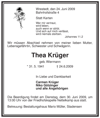 Traueranzeige von Thea Krüger von ALLGEMEINE ZEITUNG UELZEN