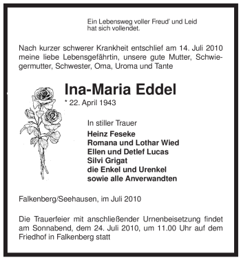 Traueranzeige von Ina-Maria Eddel von ALLGEMEINE ZEITUNG UELZEN