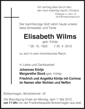 Traueranzeige von Elisabeth Wilms von ALLGEMEINE ZEITUNG UELZEN