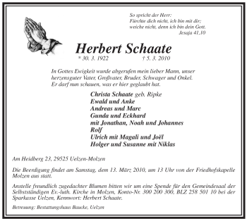 Traueranzeige von Herbert Schaate von ALLGEMEINE ZEITUNG UELZEN