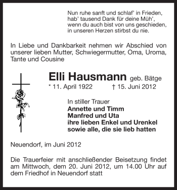 Traueranzeige von Elli Hausmann von ALLGEMEINE ZEITUNG UELZEN