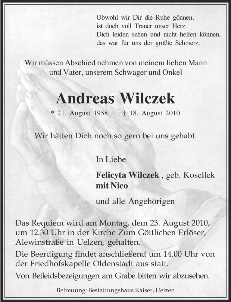  Traueranzeige für Andreas Wilczek vom 20.08.2010 aus ALLGEMEINE ZEITUNG UELZEN