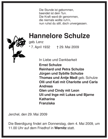 Traueranzeige von Hannelore Schulze von ALLGEMEINE ZEITUNG UELZEN
