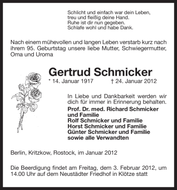 Traueranzeige von Gertrud Schmicker von ALLGEMEINE ZEITUNG UELZEN