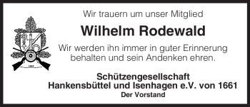 Traueranzeige von Wilhelm Rodewald von ALLGEMEINE ZEITUNG UELZEN