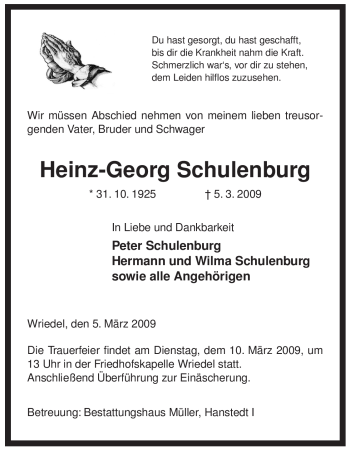 Traueranzeige von Heinz-Georg Schulenburg von ALLGEMEINE ZEITUNG UELZEN