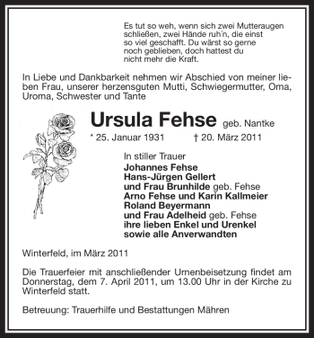 Traueranzeige von Ursula Fehse von ALLGEMEINE ZEITUNG UELZEN