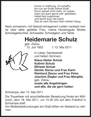 Traueranzeige von Heidemarie Schulz von ALLGEMEINE ZEITUNG UELZEN