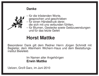 Traueranzeige von Horst Mattke von ALLGEMEINE ZEITUNG UELZEN