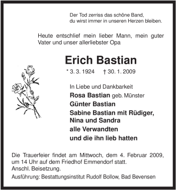 Traueranzeige von Erich Bastian von ALLGEMEINE ZEITUNG UELZEN