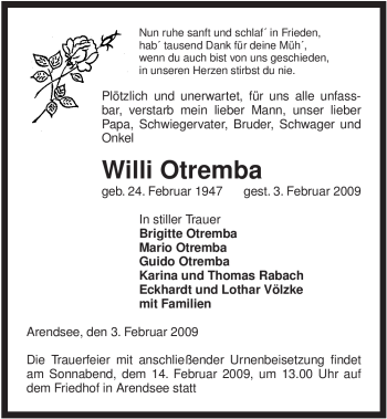 Traueranzeige von Willi Otremba von ALLGEMEINE ZEITUNG UELZEN