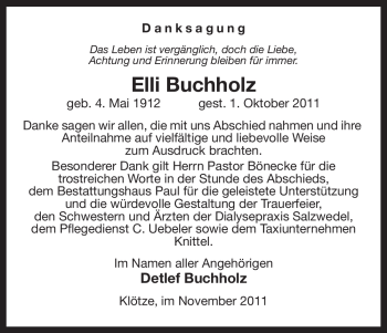 Traueranzeige von Elli Buchholz von ALLGEMEINE ZEITUNG UELZEN