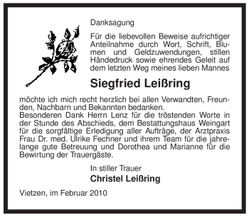 Traueranzeige von Siegfried Leißring von ALLGEMEINE ZEITUNG UELZEN