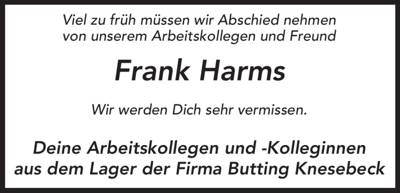  Traueranzeige für Frank Harms vom 22.01.2011 aus ALLGEMEINE ZEITUNG UELZEN