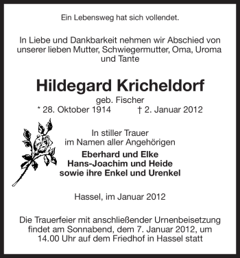 Traueranzeige von Hildegard Kricheldorf von ALLGEMEINE ZEITUNG UELZEN