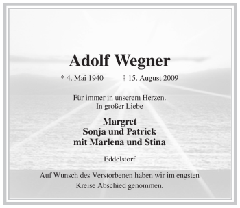 Traueranzeige von Adolf Wegner von ALLGEMEINE ZEITUNG UELZEN