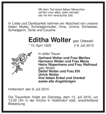 Traueranzeige von Editha Wolter von ALLGEMEINE ZEITUNG UELZEN