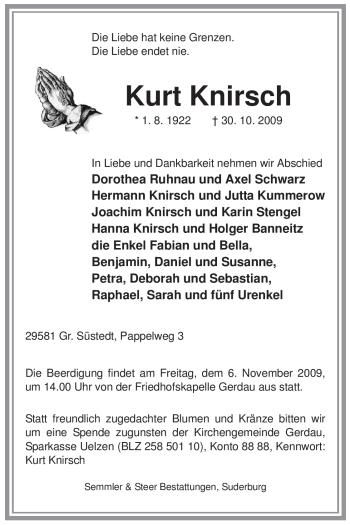 Traueranzeige von Kurt Knirsch von ALLGEMEINE ZEITUNG UELZEN