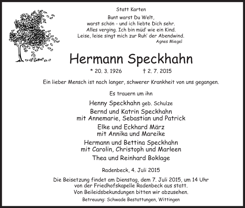  Traueranzeige für Hermann Speckhahn vom 04.07.2015 aus Uelzen