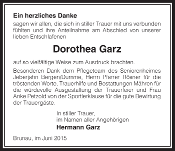 Traueranzeige von Dorothea Garz von Uelzen