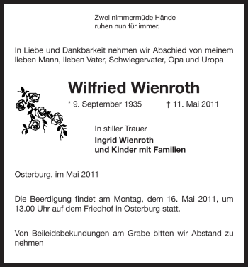 Traueranzeige von Wilfried Wienroth von ALLGEMEINE ZEITUNG UELZEN