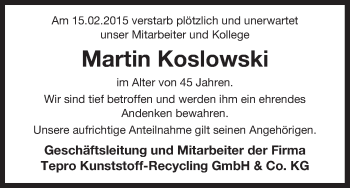 Traueranzeige von Martin Koslowski von Uelzen