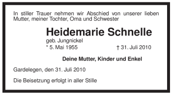 Traueranzeige von Heidemarie Schnelle von ALLGEMEINE ZEITUNG UELZEN