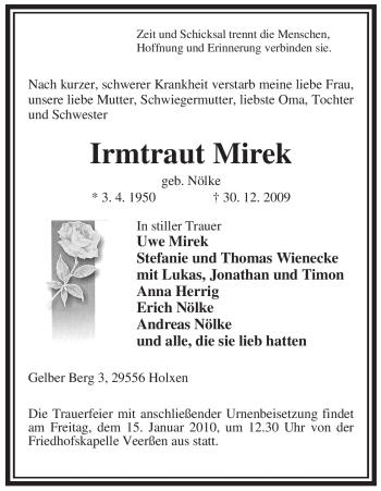 Traueranzeige von Irmtraut Mirek von ALLGEMEINE ZEITUNG UELZEN