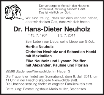 Traueranzeige von Hans-Dieter Neuholz von ALLGEMEINE ZEITUNG UELZEN