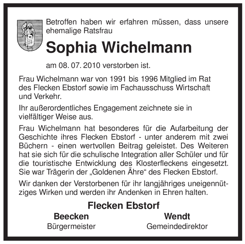  Traueranzeige für Sophia Wichelmann vom 13.07.2010 aus ALLGEMEINE ZEITUNG UELZEN