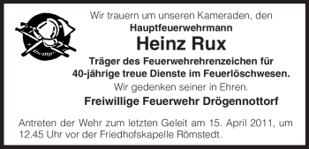 Traueranzeige von Heinz Rux von ALLGEMEINE ZEITUNG UELZEN