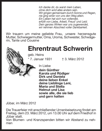 Traueranzeige von Ehrentraut Schwerin von ALLGEMEINE ZEITUNG UELZEN