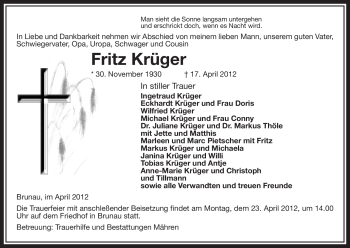 Traueranzeige von Fritz Krüger von ALLGEMEINE ZEITUNG UELZEN