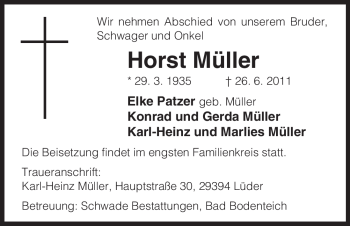 Traueranzeige von Horst Müller von ALLGEMEINE ZEITUNG UELZEN