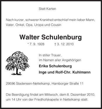 Traueranzeige von Walter Schulenburg von ALLGEMEINE ZEITUNG UELZEN