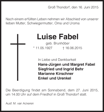 Traueranzeige von Luise Fabel von Uelzen