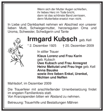 Traueranzeige von Irmgard Kubsch von ALLGEMEINE ZEITUNG UELZEN