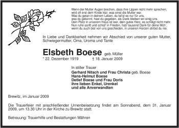 Traueranzeige von Elsbeth Boese von ALLGEMEINE ZEITUNG UELZEN