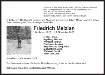 Traueranzeige von Friedrich Melzian von ALLGEMEINE ZEITUNG UELZEN