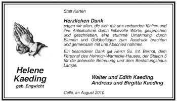 Traueranzeige von Helene Kaeding von ALLGEMEINE ZEITUNG UELZEN