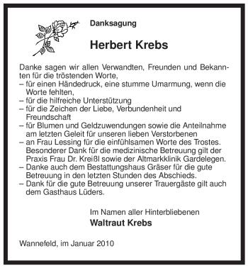 Traueranzeige von Herbert Krebs von ALLGEMEINE ZEITUNG UELZEN