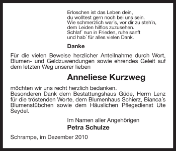 Traueranzeige von Anneliese Kurzweg von ALLGEMEINE ZEITUNG UELZEN