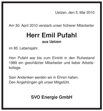 Traueranzeige von Emil Pufahl von ALLGEMEINE ZEITUNG UELZEN