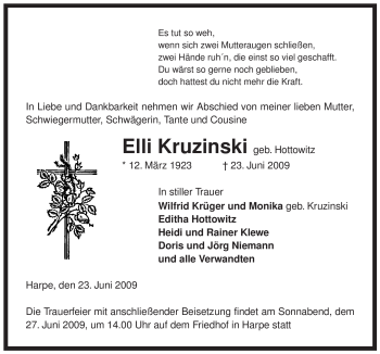 Traueranzeige von Elli Kruzinski von ALLGEMEINE ZEITUNG UELZEN