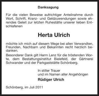 Traueranzeige von Herta Ulrich von ALLGEMEINE ZEITUNG UELZEN