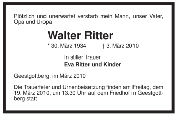 Traueranzeige von Walter Ritter von ALLGEMEINE ZEITUNG UELZEN