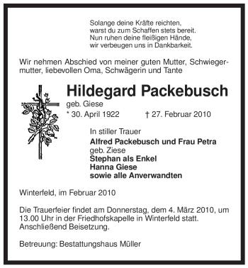 Traueranzeige von Hildegard Packebusch von ALLGEMEINE ZEITUNG UELZEN