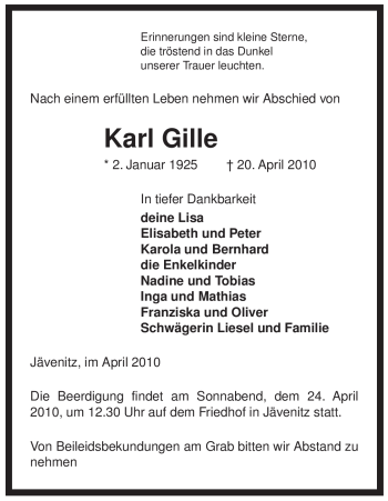 Traueranzeige von Karl Gille von ALLGEMEINE ZEITUNG UELZEN