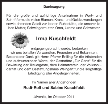 Traueranzeige von Irma Kuschfeldt von ALLGEMEINE ZEITUNG UELZEN