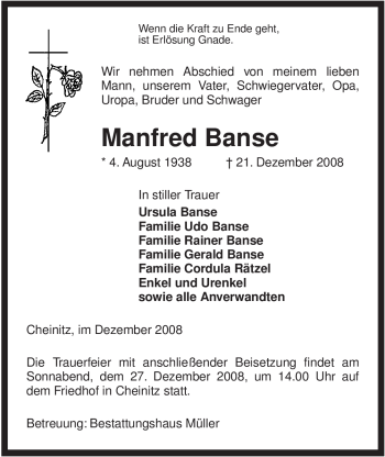 Traueranzeige von Manfred Banse von ALLGEMEINE ZEITUNG UELZEN